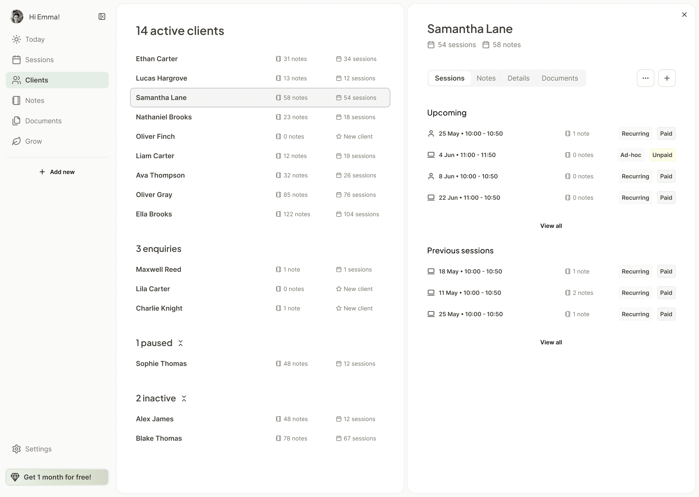 Nora client record showing sessions, notes, and client details