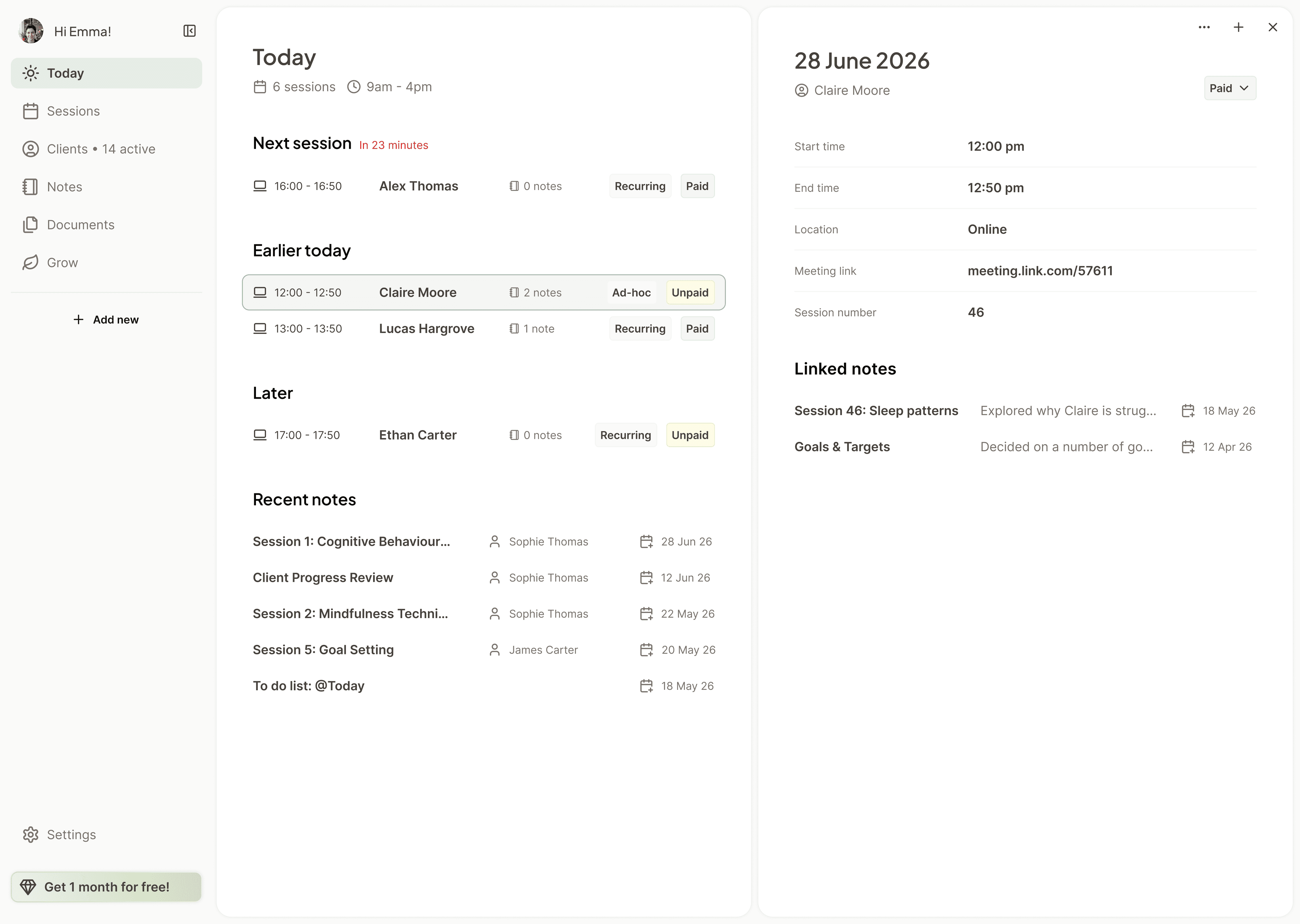 Nora Today view showing sessions, notes, and a client session record